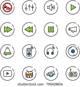 line vector icon set - no horn vector road sign, settings, volume medium, play, fast forward, backward, pause, loudspeaker, bell, music player, wireless headphones, cd, playback, drum, toy, radio