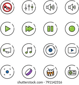 line vector icon set - no horn vector road sign, settings, volume max, medium, play, fast forward, pause, record, loudspeaker, music, cd, playback, button, tambourine, drum, radio