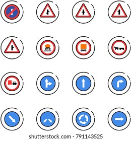 line vector icon set - no parkin odd, intersection vector road sign, dangerous cargo, cart horse, truck overtake, only forward right, detour, circle