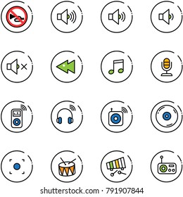 line vector icon set - no horn vector road sign, volume max, medium, low, off, fast backward, music, microphone, player, wireless headphones, speaker, cd, record button, drum, xylophone, radio