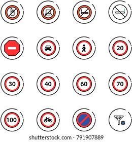 line vector icon set - no mobile sign vector, computer, smoking, way road, car, pedestrian, speed limit 20, 30, 40, 60, 70, 100, bike, parking, signal