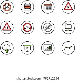 line vector icon set - no smoking sign vector, post, schedule, airport road, children, limited distance, end speed limit, network folder, upload cloud, presentation board, statistics