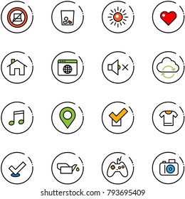 line vector icon set - no computer sign vector, trash, sun, heart, home, browser globe, volume off, refresh cloud, music, map pin, check, t shirt, oiler, joystick, camera