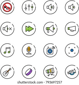 line vector icon set - no horn vector road sign, settings, volume medium, low, off, fast forward, loudspeaker, music, microphone, wireless speaker, record button, guitar, tambourine, xylophone, toy