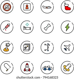 line vector icon set - no computer sign vector, female wc, small plane, christmas sock, firework rocket, hospital bed, broken bone, lightning, palm, photo, bezier, fretsaw, toy car, soother
