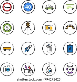 line vector icon set - no cart horse vector road sign, minimal speed limit, car, schedule, dollar, money, rainbow, skateboard, rocket, trash bin, battery, camera, shovel bucket, yoyo, toy monster