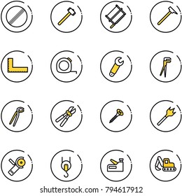 line vector icon set - no limit vector road sign, sledgehammer, bucksaw, mason hammer, corner ruler, measuring tape, wrench, plumber, bolt cutter, screw, wood drill, Angular grinder, winch, stapler