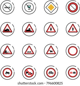 line vector icon set - no smoking sign vector, alcohol, main road, prohibition, steep descent, roadside, intersection, gravel, rough, cow, moto, horn, bike, overtake