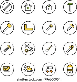 line vector icon set - no limit vector road sign, home, work, rubber hammer, corner ruler, nail, screw, rivet, drill, tile, jig saw, excavator toy, train, block house