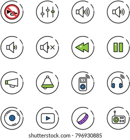 line vector icon set - no horn vector road sign, settings, volume max, medium, low, off, fast backward, pause, loudspeaker, bell, music player, wireless headphones, cd, playback, tambourine, radio