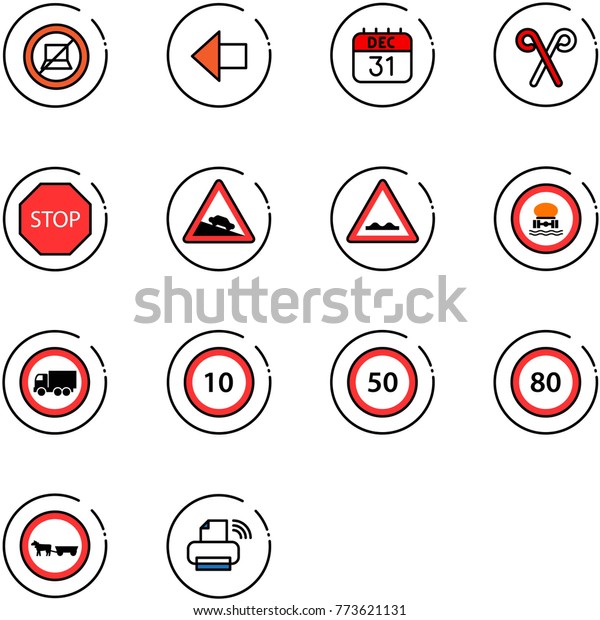 line\
vector icon set - no computer sign vector, left arrow, 31 dec\
calendar, santa stick, stop road, steep descent, rough, dangerous\
cargo, truck, speed limit 10, 50, 80, cart\
horse