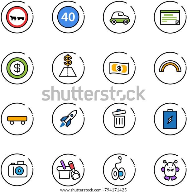 line vector icon set - no cart horse vector road
sign, minimal speed limit, car, schedule, dollar, money, rainbow,
skateboard, rocket, trash bin, battery, camera, shovel bucket,
yoyo, toy monster