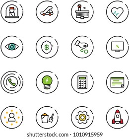 line vector icon set - officer window vector, trap truck, airport building, heart pulse, eye, safe, investment, monitor cursor, phone horn, idea, calculator, schedule, star man, bucket scoop, gear