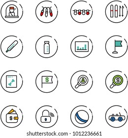 line vector icon set - officer window vector, garland, ski, thermometer, vial, statistics, flag, x ray, dollar, head hunter, search money, finance management, wireless lock, ball, toy car