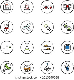line vector icon set - officer window vector, christmas tree, garland, bow, snowman, three leafs, cursor, gear, settings, chess queen, flip flops, cpu, beanbag, drum, wirligig toy, doll