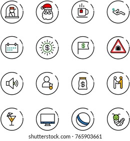 line vector icon set - officer window vector, santa claus, tea, abdominal muscles, schedule, dollar sun, flag, tunnel road sign, volume medium, winner, money bag, agreement, drink, monitor, ball