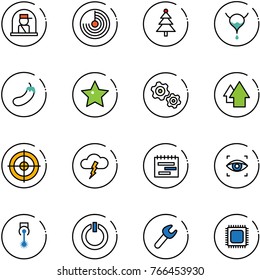 line vector icon set - officer window vector, radar, christmas tree, bladder, eggplant, star, gears, arrow up, target, storm, terms plan, eye scanner, laser, standby button, wrench, cpu