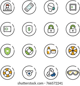 line vector icon set - officer window vector, medical patch, mask, safe, locked, unlocked, shield cross, lifebuoy, uv cream, parasol, surveillance camera, recycling, protective glasses