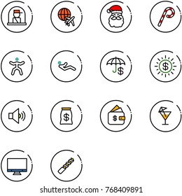 line vector icon set - officer window vector, plane globe, santa claus, lollipop, gymnastics, abdominal muscles, insurance, dollar sun, volume medium, money bag, finance management, drink, monitor