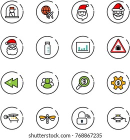 line vector icon set - officer window vector, plane globe, santa claus, vial, statistics, tunnel road sign, fast backward, group, search money, managemet, helicopter, dragonfly, wireless lock, jack
