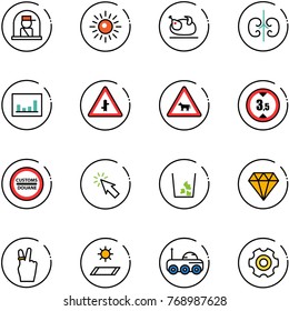 line vector icon set - officer window vector, sun, turkey, kidneys, statistics, intersection road sign, cow, limited height, customs, cursor, garbage, diamond, victory, mat, moon rover, gear