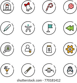 line vector icon set - officer window vector, bell, lollipop, thermometer, gymnastics, flag, fast backward, head hunter, winner, money bag, managemet, drink, drill, jack, russian doll