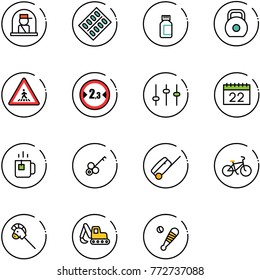 line vector icon set - officer window vector, pills blister, bottle, weight, pedestrian road sign, limited width, settings, calendar, green tea, key, suitcase, bike, horse stick toy, excavator