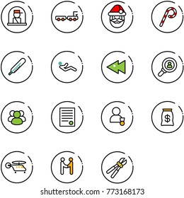 line vector icon set - officer window vector, baggage truck, santa claus, lollipop, thermometer, abdominal muscles, fast backward, head hunter, group, agreement, winner, money bag, helicopter