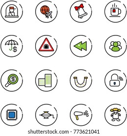 line vector icon set - officer window vector, plane globe, bell, tea, insurance, tunnel road sign, fast backward, group, search money, building, luck, wireless lock, cpu, jack, dryer, doll