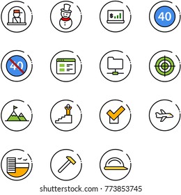 line vector icon set - officer window vector, snowman, account statistics, minimal speed limit road sign, end, website, network folder, target, attainment, success, check, plane, hotel, hammer