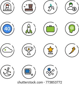 line vector icon set - officer window vector, airport building, banana, account, minimal speed limit road sign, rocket, case, brain work, cloud, gold cup, award, growth, anchor, monoblock pc