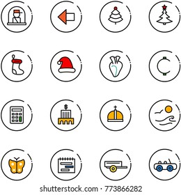 line vector icon set - officer window vector, left arrow, christmas tree, sock, hat, heart, cent, calculator, bank building, crown, waves, butterfly, terms plan, trailer, toy car