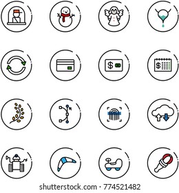 line vector icon set - officer window vector, snowman, angel, bladder, exchange, credit card, finance calendar, golden branch, bezier, fingerprint scanner, cloud data, robot, boomerang, baby car