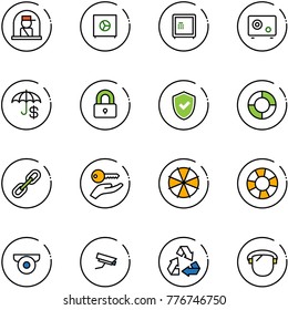 line vector icon set - officer window vector, safe, insurance, locked, shield check, lifebuoy, link, key hand, parasol, surveillance camera, recycling, protect glass