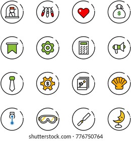 line vector icon set - officer window vector, garland, heart, money bag, flag, gear, calculator, megaphone, tie, managemet, photo, shell, laser, protective glasses, rasp, moon lamp