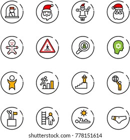 line vector icon set - officer window vector, santa claus, cake man, pedestrian road sign, head hunter, brain work, success, career, world, win, opportunity, reading, swimsuit