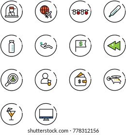 line vector icon set - officer window vector, plane globe, garland, thermometer, vial, abdominal muscles, dollar flag, fast backward, head hunter, winner, finance management, helicopter, drink