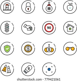 line vector icon set - officer window vector, lock, christmas ball, apple, spica, card pay, speed limit 90 road sign, home, shield check, dollar, growth, sunglasses, flippers, usb wi fi