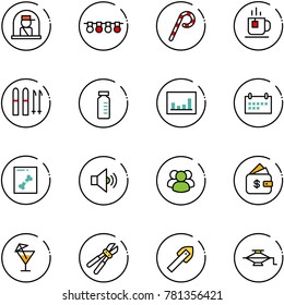 line vector icon set - officer window vector, garland, lollipop, tea, ski, vial, statistics, schedule, x ray, volume medium, group, finance management, drink, bolt cutter, tile drill, jack