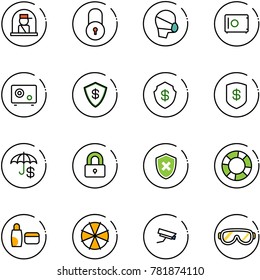 line vector icon set - officer window vector, lock, medical mask, safe, insurance, locked, shield cross, lifebuoy, uv cream, parasol, surveillance camera, protective glasses