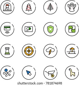 line vector icon set - officer window vector, christmas tree, angel, tap pay, credit card, shield cross, puzzle, chess tower, target, storm, bungalow, molecule, cursor, wheelbarrow, toy giraffe