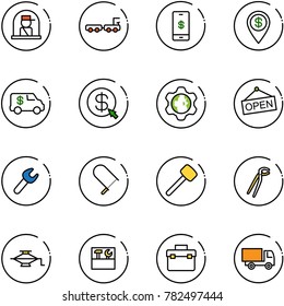 line vector icon set - officer window vector, baggage truck, mobile payment, dollar pin, encashment car, money click, gear globe, open, wrench, fretsaw, rubber hammer, plumber, jack, tool box, toy