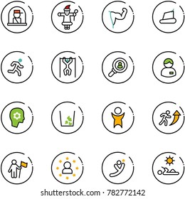 line vector icon set - officer window vector, santa claus, power hand, treadmill, run, pull ups, head hunter, manager, brain work, garbage, success, career, win, star man, flying, reading