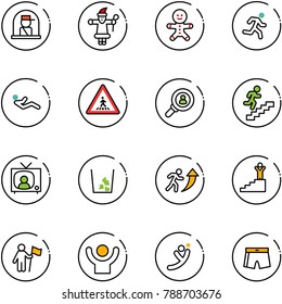 line vector icon set - officer window vector, santa claus, cake man, run, abdominal muscles, pedestrian road sign, head hunter, career, tv news, garbage, success, win, flying, swimsuit