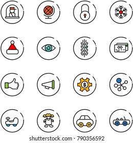 line vector icon set - officer window vector, globe, lock, snowflake, christmas hat, eye, spica, credit card, like, speaker horn, money managemet, molecule, baby car, doll, toy