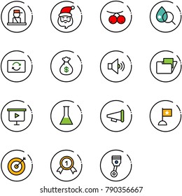 line vector icon set - officer window vector, santa claus, rowanberry, blood test, card exchange, money bag, volume medium, folder, presentation board, flask, speaker horn, flag, target, gold medal