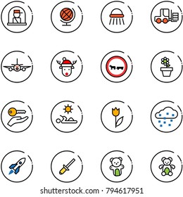 line vector icon set - officer window vector, globe, shower, fork loader, plane, christmas deer hat, no cart horse road sign, flower pot, key hand, reading, tulip, snow, rocket, clinch, bear toy