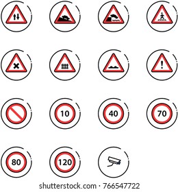 line vector icon set - oncoming traffic vector road sign, steep descent, embankment, pedestrian, railway intersection, rough, attention, prohibition, speed limit 10, 40, 70, 80, 120
