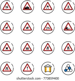 line vector icon set - oncoming traffic vector road sign, steep descent, slippery, pedestrian, wild animals, railway intersection, side wind, gravel, narrows, attention, pennant, billiards balls