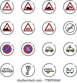 line vector icon set - oncoming traffic vector road sign, climb, steep descent, embankment, roadside, car crash, rough, end overtake limit, no parking, even, electric, limousine, piston, trailer